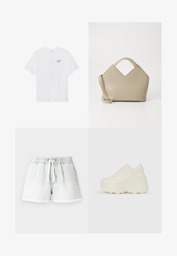Even&Odd T-shirt imprimé - white; Shorts en denim gris clair avec une ceinture élastique, fermeture à cordon et ourlet effiloché. Comprend deux poches latérales et une coupe décontractée.; Baskets plateformes blanches avec une tige en simili cuir lisse, une forme arrondie, un col rembourré et une semelle en caoutchouc texturé avec des crampons définis.; Sac à main structuré beige avec un dessus en V, en cuir lisse, muni de poignées courtes et d'une longue bandoulière réglable. Design minimaliste.