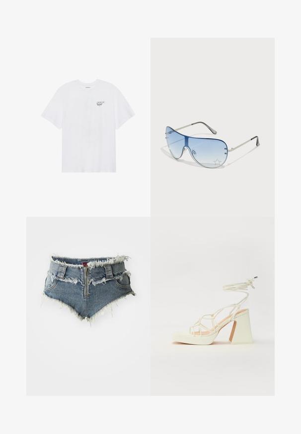 Even&Odd T-shirts med print - white; Denimshorts med slitt kant, høyt liv, glidelås foran og to frontlommer. Materialet er en falmet blå denim med slitte detaljer.; Hvit høyhælte sandal med kraftig hæl, med en stroppe-design og ankelbånd. Glatt tekstur med plattform foran for ekstra høyde.; Pilotbriller med gradient blå linse, sølvfarget metallramme og dekorative stjerneaksenter på linsen. Glatt og stilren design.