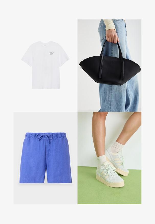 Even&Odd Potiskana majica - white; Modri šortsi iz lahkega materiala, s elastiko v pasu in vrvico za prilagajanje ter enim sprednjim žepom.; Svetlozelene teniske z teksturirano površino, ki vsebujejo tri bele črte, smetanasto gumijasto podplat in vezalni design. Nosi se z svetlimi nogavicami.; Črna usnjena torbica z edinstveno obliko ventilatorja, z ravnimi ročaji. Površina ima teksturo z drobnimi kamni in minimalističen dizajn.