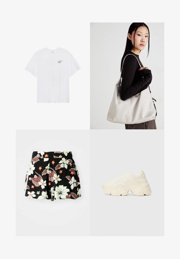 Even&Odd T-shirts med print - white; Sorte blomstrete shorts med store lys grønne og oransje blomster og mørke blader, plisserte detaljer og lommer på sidene.; Chunky hvite sneakers laget av teksturert mesh og syntetiske materialer, med en tykk såle og intrikate mønsterdetaljer langs sidene.; Beige håndveske laget av mykt materiale, med en slapp design, sydd detaljer og to skulderstropper. Passer for daglig bruk.