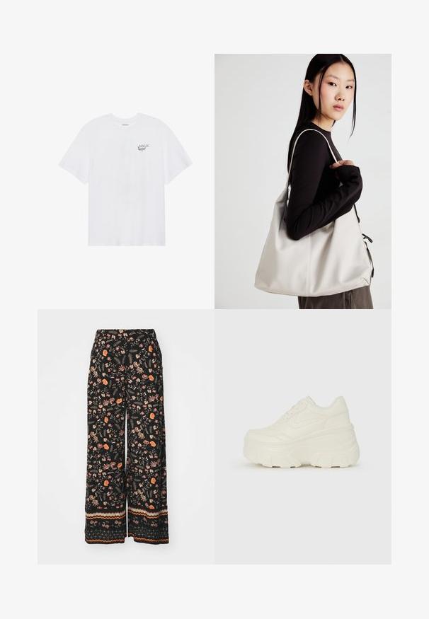 Even&Odd T-shirts med print - white; Svart blomsterbukser med vid ben featuring et fargerikt mønster av blomster og blader. Bunnlinjen har et stripete design i oransje, brunt og krem.; Hvite plattformsnickers med en glatt læraktig overdel, avrundet form, polstret krage og teksturert gummisåle med tydelige dekk.; Beige håndveske laget av mykt materiale, med en slapp design, sydd detaljer og to skulderstropper. Passer for daglig bruk.