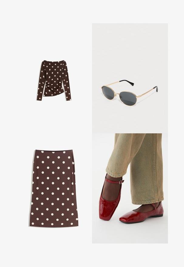 Bruine top met lange mouwen en een ronde halslijn, voorzien van grote witte stippen en een gesmokt detail bij de taille voor een aangesloten look.; Bruine rok met witte stippen, rechte snit, tot de knie, gemaakt van gladde stof met een elastische tailleband.; Rode lakleren schoenen met een vierkante neus, lage hak en enkelbandje, gecombineerd met lichtgroene wijde jeans. Glad textuur, reflecterend oppervlak.; Ovale zonnebril met donkere lenzen, gouden metalen frame en gevlochten gouden zijkanten. Zwarte uiteinden op de armen versterken het ontwerp.; Bruine gevlochten leren tote bag met twee handvatten, een gestructureerde vorm en een getextureerd oppervlak, met een diamantpatroon overal.