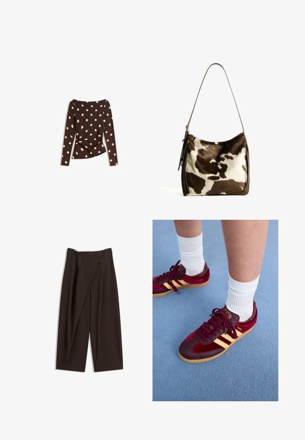 Barna, hosszú ujjú felső, környakú kivágással, nagy fehér pöttyökkel és deréknál rakott részlettel a testhez álló megjelenés érdekében.; Sötétbarna, bő szárú nadrág magas derékkal, egyetlen gombos záródással és redős elülső résszel. Könnyű anyagból készült.; Burgundi velúr és bőr sportcipők sárga csíkkal és rágógumi talppal. Fehér bordázott zoknik láthatók a boka felett, kék textúrált felületen.; Barna és krémszínű tehénbőr válltáska sima bőrszíjjal, cipzáras záródással és puha, texturált felülettel, amely természetes mintázattal rendelkezik.