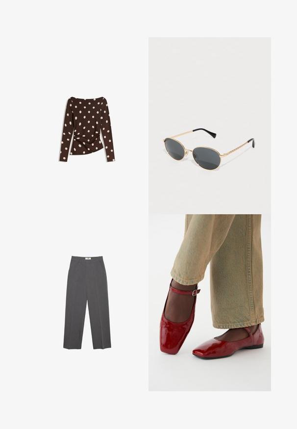 Brown long-sleeve top with a scoop neckline, featuring large white polka dots and gathered detail at the waist for a fitted look.; Gray straight-leg trousers made from textured fabric, featuring a mid-rise waist, belt loops, and side pockets. No visible patterns or accents.; Red patent leather shoes with a square toe, low heel, and ankle strap, paired with light green wide-leg jeans. Smooth texture, reflective surface.; Oval sunglasses with dark lenses, gold metal frame, and braided gold sides. Black tips on the arms enhance design.; Brown woven leather tote bag with two handles, a structured shape, and a textured surface, featuring a diamond pattern throughout.