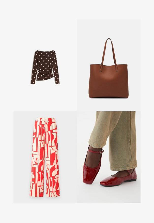 Hnedý dlhý rukáv s výstrihom do lodičky, ktorý má veľké biele bodky a zberaný detail v páse pre priliehavý vzhľad.; Červené široké nohavice s vzorom, ktoré majú elastický pás, vyrobené z ľahkej látky s abstraktnými tvarmi v červenej a smotanovej farbe.; Červené lakované kožené topánky so štvorcovou špičkou, nízkym podpätkom a remienkom okolo členku, v kombinácii so svetlozelenými širokými džínsmi. Hladká textúra, reflexný povrch.; Hnedá kožená taška na rameno s hladkou textúrou, otvoreným vrchom a dvoma ramenými popruhmi. Má minimálne šitia a žiadne viditeľné kovania.