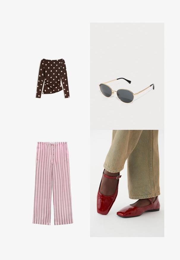 Rjava dolg rokav s krožnim izrezom, ki ima velike bele pikice in zgrinjeno podrobnost pri pasu za oprijet videz.; Roza prugasta široka hlače z navpičnimi črno-sivimi črtami. Narejene so iz lahkotnega blaga in imajo elastičen pas za udobje.; Rdeče lakirane usnjene čevlje s kvadratnim nosom, nizko peto in gležnjarjem, v kombinaciji s svetlo zelenimi širokimi hlačami. Gladka tekstura, odsevna površina.; Ovalne sončne očala s temnimi lečami, zlatim kovinskim okvirjem in pletenimi zlatimi stranicami. Črne konice na ročajih izboljšujejo obliko.; Brahna tkanina iz usnja v rjavi barvi s tema dvema ročajema, strukturo obliko in teksturirano površino, ki vsebuje diamante vzorec po celotni površini.