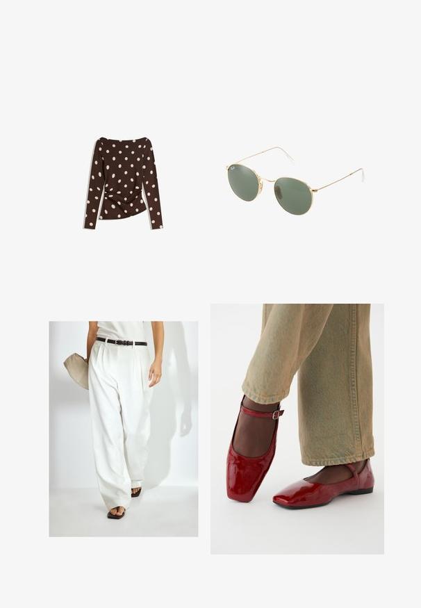 Brown long-sleeve top with a scoop neckline, featuring large white polka dots and gathered detail at the waist for a fitted look.; White, pleated wide-leg trousers made from smooth fabric, paired with a black belt. A person holds a beige bag and wears flat black sandals.; Red patent leather shoes with a square toe, low heel, and ankle strap, paired with light green wide-leg jeans. Smooth texture, reflective surface.; Gold metal frame sunglasses with green lenses, round shape, thin temples, and white plastic accents on the tips of the arms.; Gold hoop earrings with a textured finish, featuring a row of small clear crystals along the edge and a stud backing.