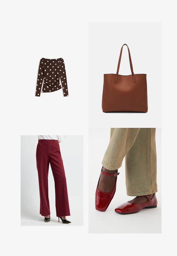 Brun langærmet top med en rund halsudskæring, der har store hvide prikker og samlet detalje ved taljen for et tætsiddende look.; Bordeaux bredde bukser med en glat tekstur, høj talje og forsigtige folder, parret med sorte højhælede sko.; Røde patentlæder sko med firkantet tå, lav hæl og ankelrem, parret med lysegrønne vide bukser. Glat tekstur, reflekterende overflade.; Brun læder tote taske med en glat overflade, åben topdesign og to skulderremme. Har minimal syning og ingen synlig hardware.