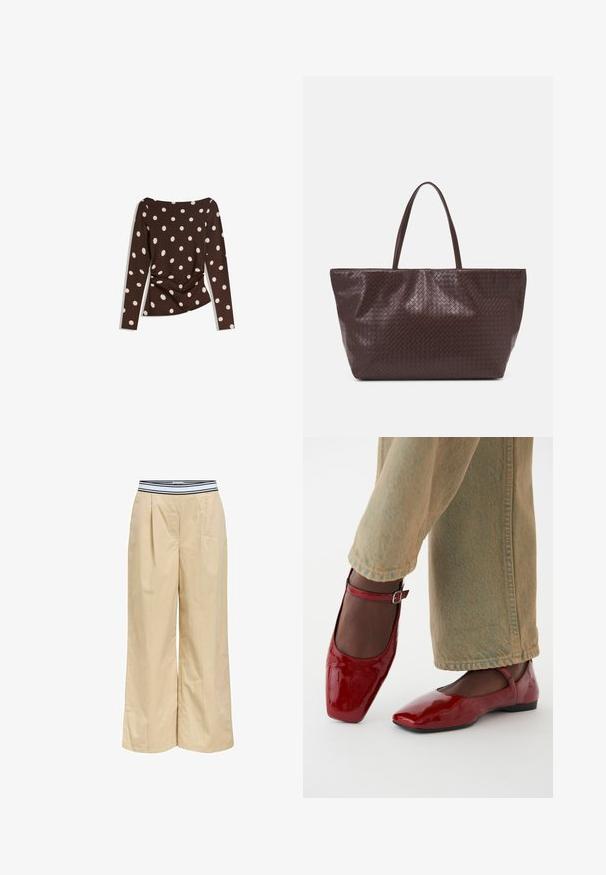 Haut marron à manches longues avec un décolleté en scoop, arborant de grands pois blancs et un détail froncé à la taille pour un look ajusté.; Pantalons larges beiges avec une ceinture élastique à rayures noires et blanches, présentant des plis à l'avant et une texture en coton lisse.; Chaussures en cuir verni rouge avec un bout carré, un petit talon et une sangle de cheville, associées à un jean large vert clair. Texture lisse, surface réfléchissante.; Sac à tote en cuir tressé marron avec deux poignées, une forme structurée et une surface texturée, présentant un motif en losanges sur toute sa surface.
