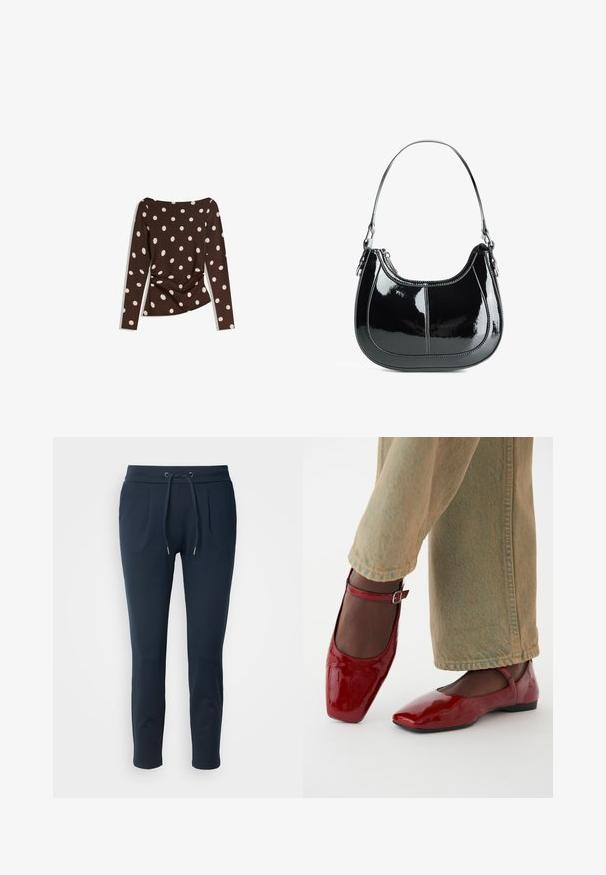 Barna, hosszú ujjú felső, környakú kivágással, nagy fehér pöttyökkel és deréknál rakott részlettel a testhez álló megjelenés érdekében.; Sötétkék, puha anyagból készült jogging nadrág, elasztikus derékpánttal és húzózsinórral, két oldalzsebbel és karcsúsított szabással.; Piros lakkbőr cipők négyzetes orral, alacsony sarokkal és bokapánttal, világoszöld bő szárú farmerral párosítva. Sima textúra, fényes felület.; Fekete lakk bőr kézitáska ívelt kialakítással, cipzáras záródással és egyetlen vállpánttal, ezüstszínű fémrészletekkel és varrási díszítéssel.