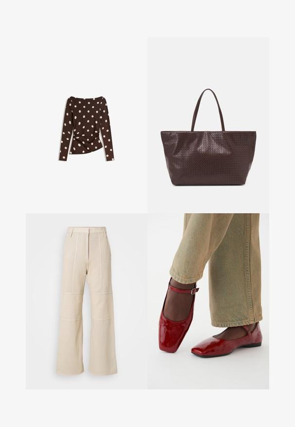 Bruine top met lange mouwen en een ronde halslijn, voorzien van grote witte stippen en een gesmokt detail bij de taille voor een aangesloten look.; Beige wijde broek met een textuur zoals gaas. Kenmerken zijn onder andere gestikte panelen en een hoge taille met riemlussen.; Rode lakleren schoenen met een vierkante neus, lage hak en enkelbandje, gecombineerd met lichtgroene wijde jeans. Glad textuur, reflecterend oppervlak.; Bruine gevlochten leren tote bag met twee handvatten, een gestructureerde vorm en een getextureerd oppervlak, met een diamantpatroon overal.; Zilveren metalen oorbellen met een gladde, druppelvorm en een gepolijste afwerking. Subtiele gravures voegen detail toe. Minimalistisch ontwerp.