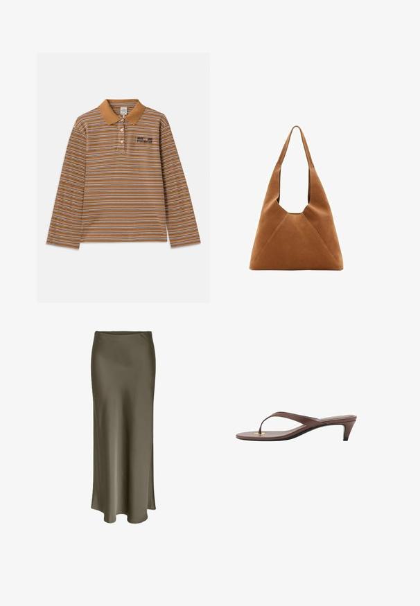 Polo a maniche lunghe marrone con strisce orizzontali bianche e viola, colletto e logo ricamato sul petto.; Lunga gonna verde oliva realizzata in tessuto liscio e lucido, con una fessura laterale e un design morbido e fluido che si drappeggia in modo elegante.; Infradito con tacco marroni, dotati di una fascia sottile e un puntale arrotondato, con un piccolo dettaglio dorato sulla soletta.; Borsa hobo in suede marrone con una forma morbida, caratterizzata da un manico curvo e dettagli a pannello triangolare su parte anteriore e posteriore.