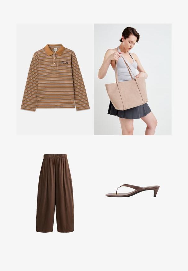 Hnědá polo košile s dlouhým rukávem, která má horizontální pruhy v bílé a fialové barvě, límeček a vyšívané logo na hrudi.; Hnědé široké kalhoty s elastickým pasem, vyrobené z texturované tkaniny. Spodní okraj je rovný, což poskytuje uvolněný střih.; Hnědé sandály s podpatkem a tenkým páskem, zaoblenou špičkou a malým zlatým akcentem na stélce.; Béžová kabelka z imitace kůže s dvěma popruhy, obdélníkovým tvarem a hladkým povrchem. Kabelka má jednoduchý, minimalistický design.