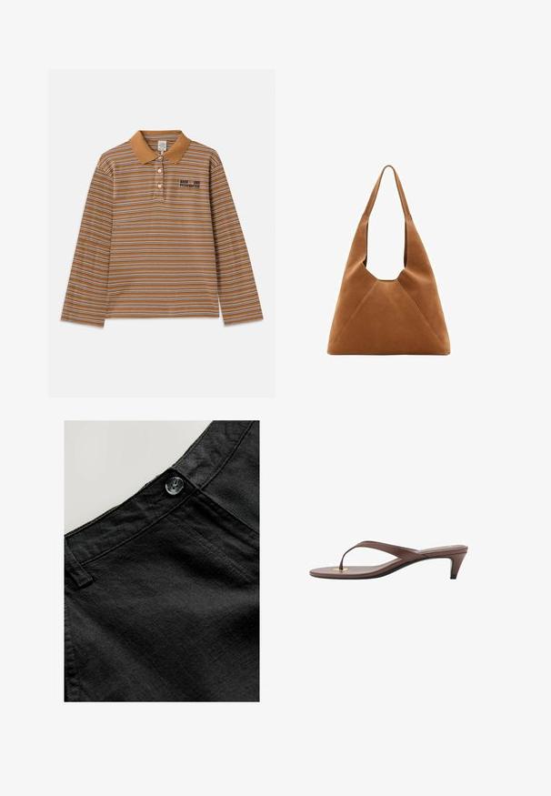 Polo a maniche lunghe marrone con strisce orizzontali bianche e viola, colletto e logo ricamato sul petto.; Pantaloni in lino neri con una texture liscia, dotati di un bottone circolare e dettagli cuciti nella cintura e nelle tasche.; Infradito con tacco marroni, dotati di una fascia sottile e un puntale arrotondato, con un piccolo dettaglio dorato sulla soletta.; Borsa hobo in suede marrone con una forma morbida, caratterizzata da un manico curvo e dettagli a pannello triangolare su parte anteriore e posteriore.