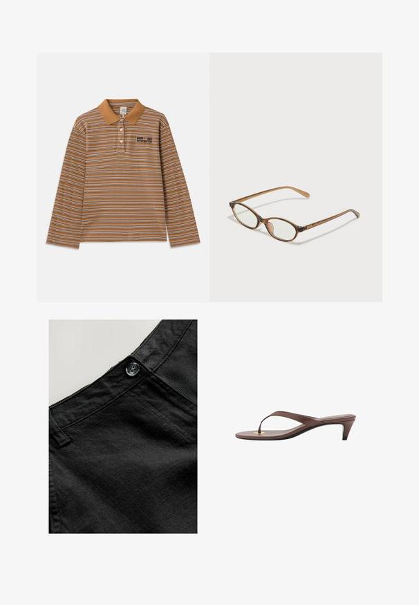 Brun långärmad polo tröja med horisontella ränder i vitt och lila, krage och en broderad logotyp på bröstet.; Svart linnebyxor med en slät textur, utrustade med en cirkulär knapp och sydda detaljer vid midjan och fickorna.; Bruna klackflip-flopsandaler med en smal rem och rund tåpost, med en liten guldaccent på fotbädden.; Bruna sköldpaddsformade glasögon med ovala linser, tunna skalmar och transparanta detaljer. Innehåller en diskret logotyp på bågen. Snygg, lätt design.; Brun mockaskinn hobo-väska med en avslappnad form, som har ett böjt handtag upptill och triangulära paneldetaljer på framsidan och baksidan.