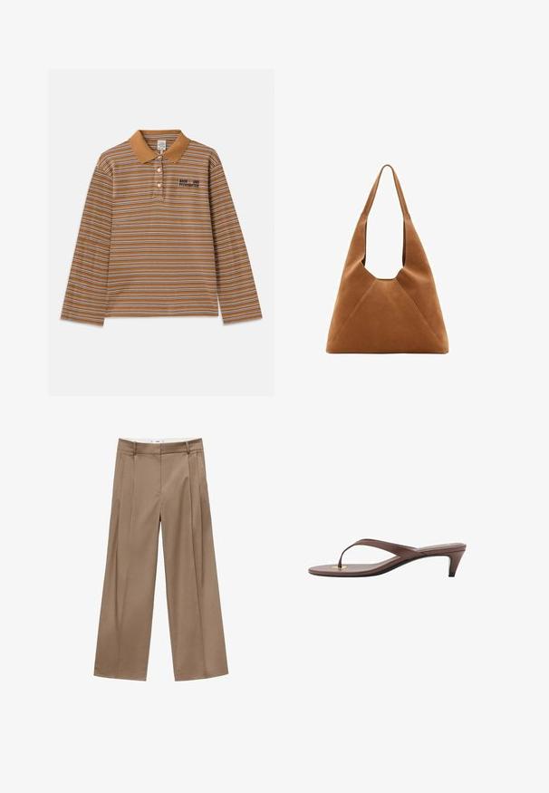 Tricou polo cu mâneci lungi de culoare marron, cu dungi orizontale albe și purpurii, guler și un logo brodat pe piept.; Pantaloni largi, cu talie înaltă, într-o nuanță caldă de maro, cu pliseuri în față și un finisaj curat, concepuți pentru un aspect elegant și un confort sporit.; Sandaș cu toc înalt, de culoare maro, cu o curea subțire și vârf rotunjit, având un mic accent auriu pe talpa interioară.; Geantă hobo din suede maro, cu o formă lejeră, având un mâner curbat și detalii în formă de panou triunghiular pe partea din față și spate.