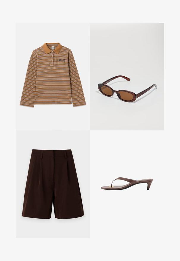 Polo a maniche lunghe marrone con strisce orizzontali bianche e viola, colletto e logo ricamato sul petto.; Pantaloni corti marroni con una linea sartoriale e pieghe, realizzati in un tessuto liscio. Completati con una vita e senza tasche visibili.; Infradito con tacco marroni, dotati di una fascia sottile e un puntale arrotondato, con un piccolo dettaglio dorato sulla soletta.; Occhiali da sole rotondi con tonalità marrone, montatura lucida color bordeaux. Aste sottili con un sottile dettaglio del marchio. Design delle lenti piatte.; Borsa hobo in suede marrone con una forma morbida, caratterizzata da un manico curvo e dettagli a pannello triangolare su parte anteriore e posteriore.