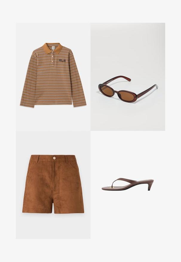 Brun langærmet polo-shirt med vandrette striber i hvid og lilla, en krave-hals og et broderet logo på brystet.; Brune ruskinds-shorts med en glat overflade, med en front knaplukning og sidelommer. Lige snit og længde til midt på låret.; Brune hælflip-flop sandal med en slank rem og rund tåpost, der har et lille guldaccent på fodsengen.; Runde, bruntonede solbriller med en glansfuld bordeauxramme. Slanke arme med diskret brandingdetalje. Flad linsedesign.; Brun ruskinds hobo taske med en slouchy form, der har et buet top håndtag og trekantede paneldetaljer på forsiden og bagsiden.