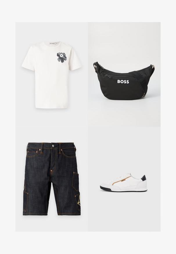 T-shirt en coton blanc avec un graphique de fleur noire sur la poitrine gauche, col rond et manches courtes, avec une coupe décontractée.; Shorts en denim foncé avec une coupe droite, ornés de coutures orange contrastantes, de cinq poches et d'une poche cargo avec un emblème.; Baskets blanches avec des accents en maille et en cuir. Caractéristiques d'un logo "BOSS" doré, de panneaux latéraux texturés et d'un capuchon de talon noir. Semelle en caoutchouc.; Sac en nylon noir à forme arrondie, avec un compartiment principal zippé et une poche avant. Logo "BOSS" blanc affiché en évidence. Sangle ajustable.