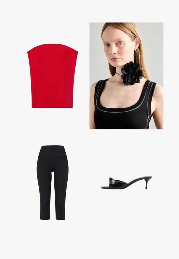 Červený korzetový top bez ramínek vyrobený z žebrovaného materiálu. Vyznačuje se strukturovaným tvarem se šikmými okraji. Hladký povrch, žádné viditelné vzory.; Černé legíny tříčtvrteční délky vyrobené z elastického materiálu, s vysokým pasem a bez viditelných vzorů či kovových prvků.; Černé kožené nazouváky s mašlí, otevřenou špičkou a úzkým vysokým podpatkem. Hladký povrch a minimalistický design.; Černý květinový šperk na krk z vrstvených okvětních lístků, nošený s černým pleteným tílkem s stříbrnými akcenty podél výstřihu a ramen.