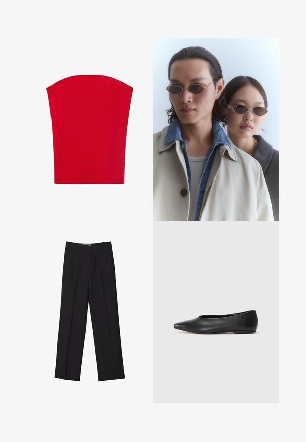 Czerwony gorset bez ramiączek wykonany z prążkowanego materiału. Posiada usztywnioną formę z prostymi krawędziami. Gładka tekstura, brak widocznych wzorów.; Czarne spodnie o dopasowanym kroju ze prostymi nogawkami, z podwójnymi zaszewkami, gładką teksturą oraz subtelnymi detalami w postaci szwów z przodu.; Czarne baleriny z lakierowanej skóry, spiczasty nosek, minimalistyczny design, gładka faktura, niskie obcasy, bez widocznych elementów metalowych czy ozdób.; Okularzy przeciwsłonecznych w złotej oprawie z owalnymi soczewkami, noszone przez dwie osoby. Jedna ma na sobie beżowy płaszcz z dżinsowym kołnierzykiem; druga w ciemnej bluzce z kołnierzykiem.; Czarna skórzana torebka na dwa uchwyty, owalny kształt, gładka tekstura, subtelne logo oraz załączona etykieta w kształcie serca.