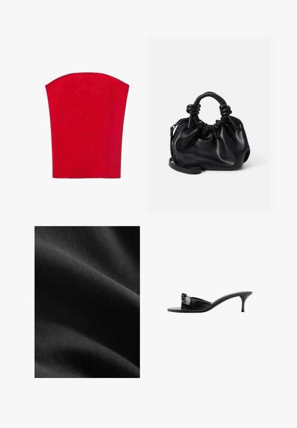 Crvena korzet majica bez naramenica izrađena od rebrastog materijala. Ima strukturirani oblik s ravnim rubovima. Glatka tekstura, bez vidljivih uzoraka.; Crni materijal s glatkom, mat teksturom, prikazuje suptilne varijacije u nijansama i vlaknima, drapiran kako bi otkrio meke krivulje i dubinu.; Crne kožne cipele na pete bez kopčanja s naglaskom na mašnu, otvorenim prstima i tankom visokom štiklom. Glatka tekstura i minimalistički dizajn.; Crna kožna torba s naboranim dizajnom, kratkim okruglim ručkama i odvojivim remenom za nošenje preko ramena. Glatka tekstura s mekim oblikom.