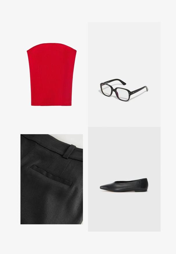 Rotes, trägerloses Korsett-Oberteil aus geripptem Material. Verfügt über eine strukturierte Form mit geraden Kanten. Glatte Textur, keine sichtbaren Muster.; Next RICH TAILORED JORT - Shorts - black; Schwarze Leder-Balletschuhe, spitze Zehenform, minimalistische Gestaltung, glatte Textur, niedriger Absatz, keine sichtbaren Beschläge oder Verzierungen.; Schwarze rechteckige Brille mit klaren Gläsern, abgerundeten Kanten und seitlichen Akzenten, mit glänzender Oberfläche des Rahmens und der Bügel.