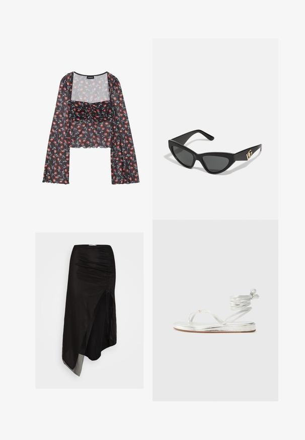 Blumen-Mesh-Oberteil mit langen, ausgestellten Ärmeln. Schwarzer Grundton mit rotem und blauem Blumenmuster, mit gerafftem Mieder und gewelltem Saum.; Schwarze asymmetrische Rock aus leichtem, transparentem Stoff, mit gerafften Details an der Seite und einem hohen Schlitz für zusätzlichen Schwung.; Silberne metallische Sandalen mit einem Zehensteg-Design, einem Knöchelriemen und einer flachen Sohle mit strukturiertem Finish.; Cat-Eye-Sonnenbrille mit mattem schwarzen Kunststoffrahmen, dunklen Gläsern und einem goldenen Logoplatz auf dem Bügel. Winkeliges Design und glatte Oberfläche.