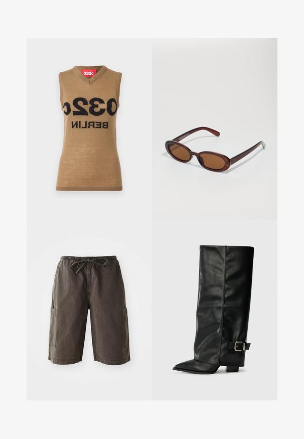 Bezrukávový pletený top v béžovej farbe s V-krkom a výrazným čiernym textom "032C BERLIN." Žebrované okraje dodávajú textúru.; Cargo šortky z tmavo sivej tkaniny, s elastickým pásom a šnúrkou na stiahnutie, bočnými vreckami a voľným strihom. Odolný materiál.; Čierne kožené členkové topánky s špicatou špičkou, hladkou textúrou a striebornou prackou na boku. Masívny štvorcový podpätok.; Okrúhle slnečné okuliare s hnedým nádychom a lesklým burgundským rámom. Úzke ramená s jemným brandovaním. Plochej šošovky dizajn.