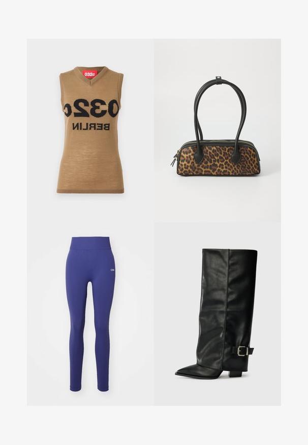 Top tricot fără mâneci, de culoare bej, cu decolteu în V și text îndrăzneț negru "032C BERLIN." Marginile nervurate adaugă textură.; Leggings bleumarin dintr-un material elastic, cu un talie lată, textură netedă și un detaliu subtil cu logo pe șold.; Botine din piele neagră, până la gleznă, cu vârf ascuțit, textură netedă și un accent cu cataramă argintie pe lateral. Toc pătrat masiv.; Geantă de mână cu imprimeu leopard, bază din piele ecologică neagră, manere superioare duale, fermoar aurit și capse accentuate din piele ecologică neagră. Formă rectangulară.