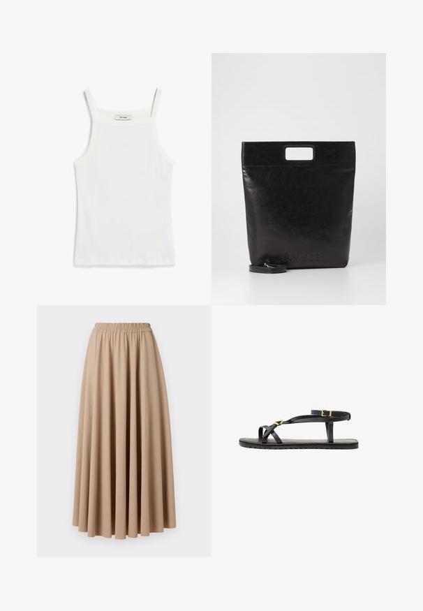 Weißes Tanktop mit dünnen Trägern, aus geripptem Baumwollstoff, mit einem geraden Ausschnitt und einem sauberen Abschluss am Saum.; Beige Maxikleid mit elastischem Bund, aus weichem Stoff mit fließendem, gefälteltem Design. Glatte Textur, einfarbig.; Schwarze Ledersandalen mit dünnen Riemen und einem geschnallten Knöchelriemen. Flache Sohle mit texturiertem Finish und Zickzackkante. Minimalistisches Design.; Schwarze Leder-Tote-Tasche mit einem quadratischen Griff, ausgestattet mit einer strukturierten Oberfläche und geprägtem Logo. Inklusive abnehmbarem Tragegurt.
