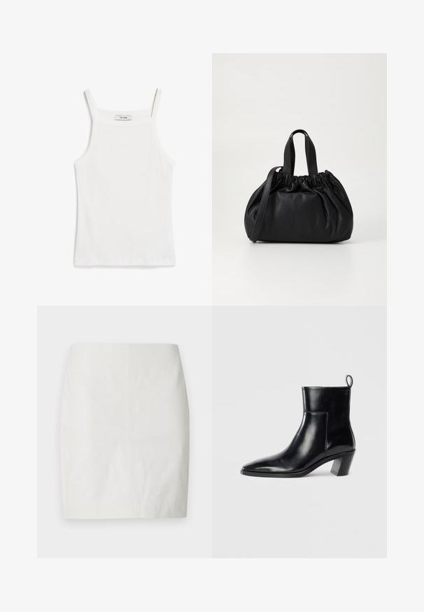 Biely top s tenkými ramienkami, vyrobený z rebrovanej bavlnenej tkaniny, s rovnou výstrihom a čistým zakončením na spodnom leme.; Biela kožená mini sukňa s priliehavým strihom, hladkou textúrou a čistým dizajnom s minimálnym prešívaním a bez viditeľných kovových prvkov.; Čierna kožená členková čižma s špicatou špičkou, geometricky tvarovaným podpätkom a pútkom na zadnej strane. Hladká textura a elegantný dizajn.; Čierna kožená kabelka so zberaným vrchom, s dvoma krátkymi držadlami a dlhým nastaviteľným popruhom. Hladká textura, zaoblený tvar.