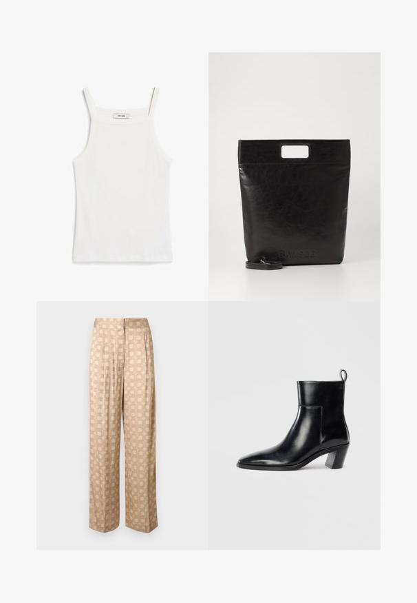 Balta tankų palaidinė su plonomis petnešėlėmis, pagaminta iš dryžuoto medvilnės audinio, su tiesiu iškirpimu ir tvarkingu apdailu prie apačios.; Šviesiai smėlio spalvos platėjančios kelnės su geometriniu raštu, kuriame vaizduojamos persipinančios apvalių kvadratų formos tamsesniu atspalviu.; Juodas odinis kulkšninis botas su smailiu pirštu, geometriniu krūviniu kulnu ir traukimo juostele gale. Lygi tekstūra ir elegantiškas dizainas.; Juoda odinė rankinė su kvadratiniu rankenu, su tekstūruotu paviršiumi ir įspaustu logotipu. Įeina nusiimama diržas.