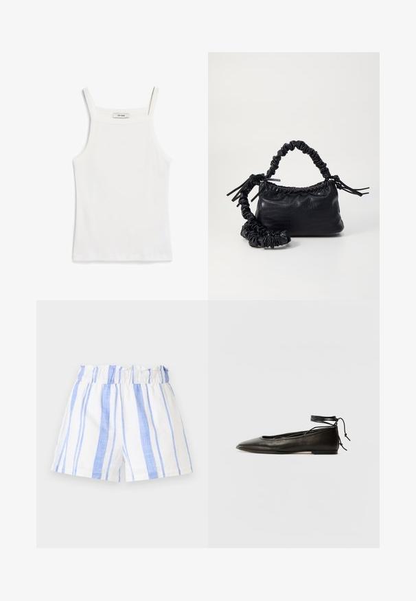Bílý tílko s tenkými ramínky, vyrobené z jemné bavlněné tkaniny, s rovnou výstřihem a čistým zakončením na lemu.; Bílé šortky s modrými vertikálními pruhy, s nařaseným elastickým pasem a lehkým, texturovaným materiálem.; Černé kožené baletky s špičatou špičkou, vázáním na kotníku a plochou podrážkou, s hladkým povrchem a minimalistickým designem.; Černá kabelka z umělé kůže s krokodýlím vzorem, staženým vrškem a zmačkaným popruhem. Zdá se, že má měkký a kompaktní design.