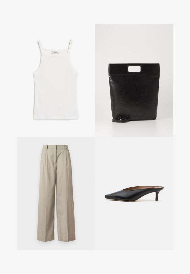 White tank top with thin straps, made of ribbed cotton fabric, featuring a straight neckline and a clean finish at the hem.; Beige wide-leg trousers made of smooth fabric, featuring a fitted waist, pleats, and a loose fit through the legs. Simple design and clean lines.; Black leather mules with a pointed toe and low, block heel. Smooth texture with a sleek design. Open back with minimal detailing.; Black leather tote bag with a square handle, featuring a textured finish and embossed logo. Includes a detachable strap.