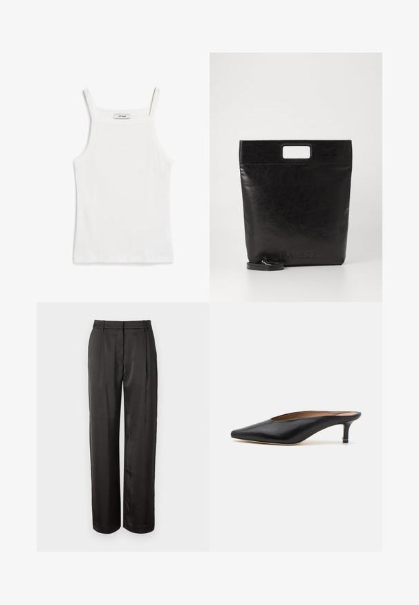 Witte tanktop met dunne banden, gemaakt van ribkatoenen stof, met een rechte halslijn en een nette afwerking aan de zoom.; Zwarte, hoog genepen broeken van gladde stof. Heeft een rechte snit, twee voorplooien en riemlussen.; Zwarte leren muiltjes met een puntige neus en een lage, blokhak. Glad oppervlak met een gestroomlijnd ontwerp. Open achterkant met minimale details.; Zwarte leren draagtas met een vierkant handvat, met een gestructureerde afwerking en een reliëflogo. Inclusief een afneembare schouderband.