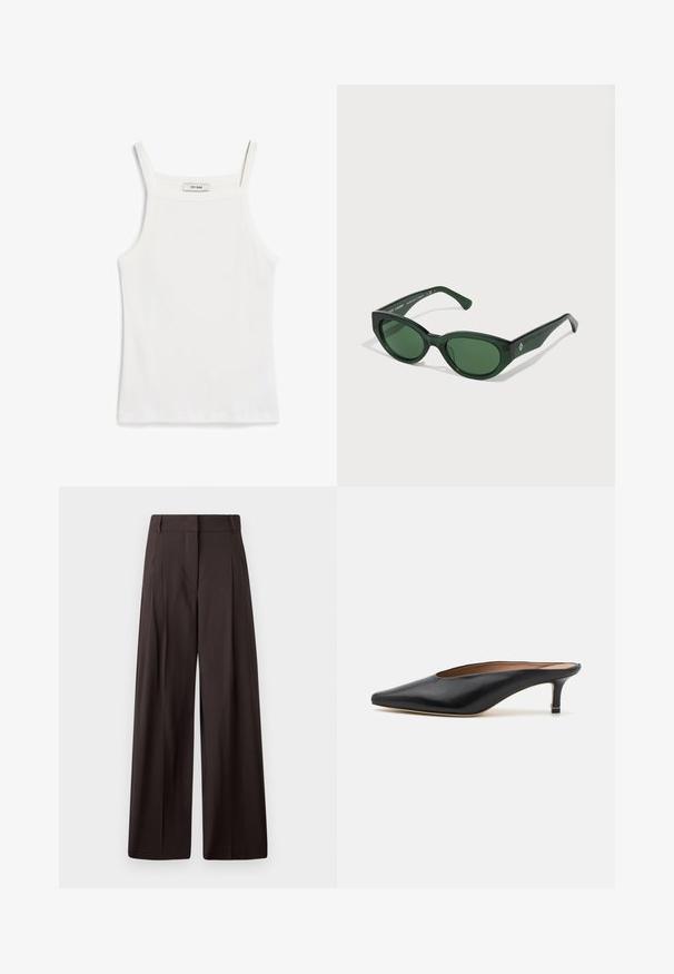 Balta topiņš ar plānām siksniņām, izgatavots no ribota kokvilnas auduma, ar taisnu dekoltē un gludu apdari ap malām.; Melnas plašās bikses ar augstu jostasvietu, kurām ir priekšējie krokas, gluda tekstūra un minimālisma dizains.; Melnas ādas mūlas ar norādītu pirkstu un zemu, bloku papēdi. Gluda tekstūra ar elegantu dizainu. Atvērta aizmugure ar minimālu detaļu skaitu.; Zaļi saulesbrilles ar spīdīgu virsmu, taisnstūra formu un tumši zaļiem stikliem. Malās ir smalka logo.; Melna ādas tote soma ar kvadrātveida rokturi, ar teksturētu apdari un iespiestu logo. Ietver noņemamu siksnu.
