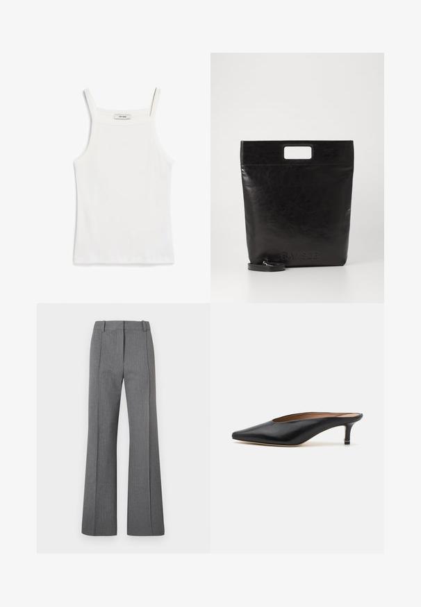 Débardeur blanc à fines bretelles, en tissu de coton côtelé, avec un décolleté droit et une finition soignée à l'ourlet.; Pantalons évasés gris à rayures avec un devant plat, des passants de ceinture et une texture lisse. Design pleine longueur avec des détails de motif subtils.; Mules en cuir noir avec un bout pointu et un petit talon carré. Texture lisse avec un design épuré. Dos ouvert avec un minimum de détails.; Sac fourre-tout en cuir noir avec une poignée carrée, arborant une finition texturée et un logo en relief. Comprend une bandoulière amovible.