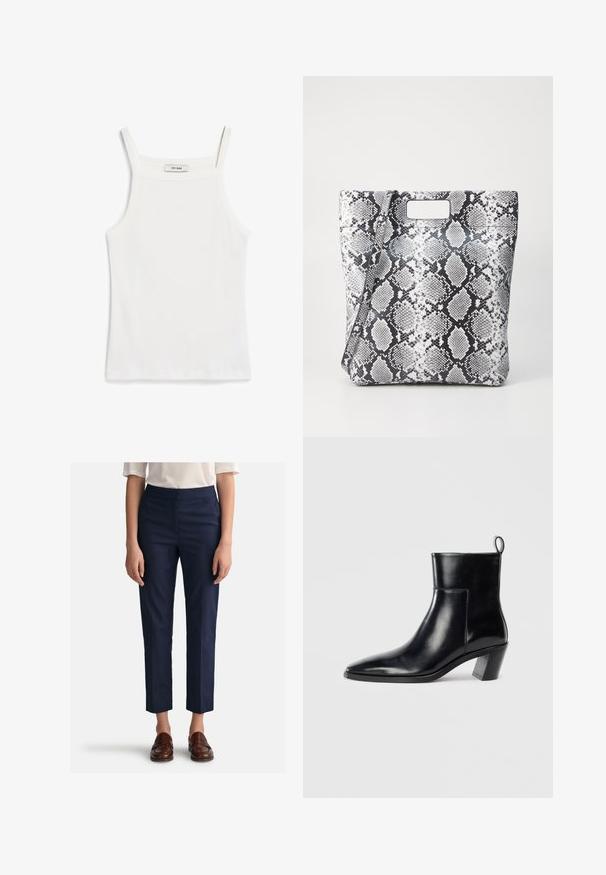 Witte tanktop met dunne banden, gemaakt van ribkatoenen stof, met een rechte halslijn en een nette afwerking aan de zoom.; Marineblauwe broek met een rechte pasvorm, gemaakt van gladde stof, met een platte voorkant en zijzakken. Gecombineerd met bruine instappers.; Zwarte leren enkelboot met een spitse neus, een geometrische gestapelde hak en een trekband aan de achterkant. Gladde textuur en slank ontwerp.; Zwart-wit slangenprint tote bag met een rechthoekige uitsnijding als handvat, gladde textuur en gestructureerde vorm. Inclusief verstelbare schouderband.