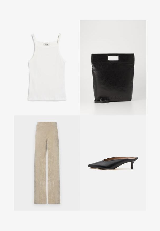 White tank top with thin straps, made of ribbed cotton fabric, featuring a straight neckline and a clean finish at the hem.; High-waisted, wide-leg pants in light beige corduroy, featuring vertical ribbing and a soft texture. Flat waistband for comfort.; Black leather mules with a pointed toe and low, block heel. Smooth texture with a sleek design. Open back with minimal detailing.; Black leather tote bag with a square handle, featuring a textured finish and embossed logo. Includes a detachable strap.