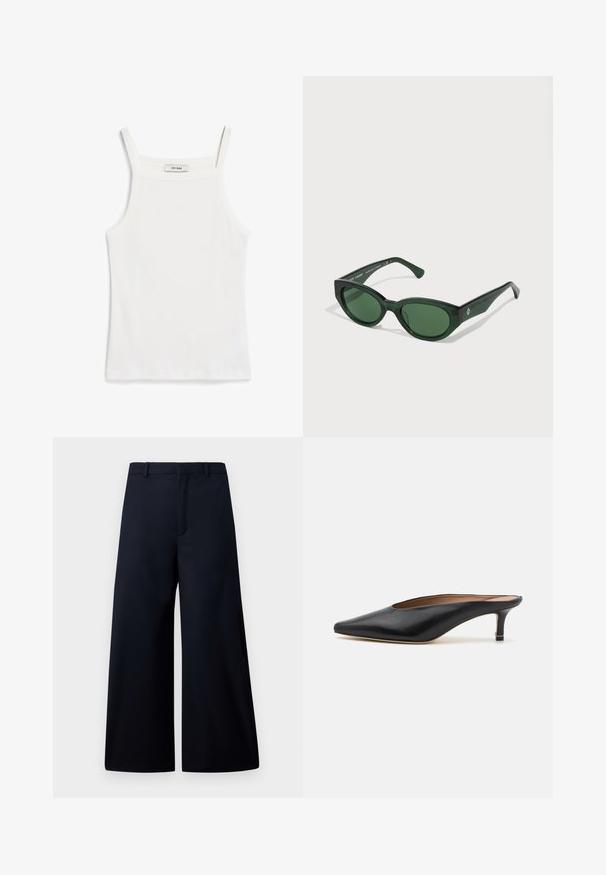 Witte tanktop met dunne banden, gemaakt van ribkatoenen stof, met een rechte halslijn en een nette afwerking aan de zoom.; Wijdbroek in donker marineblauw, gemaakt van een gladde stof. Kenmerkt zich door een platte tailleband, vooraan een plooi en geen zichtbare hardware of patronen.; Zwarte leren muiltjes met een puntige neus en een lage, blokhak. Glad oppervlak met een gestroomlijnd ontwerp. Open achterkant met minimale details.; Groene zonnebril met een glanzende afwerking, rechthoekige monturen en donker groene lenzen. Voorzien van een subtiel logo aan de zijkant van de poot.; Zwarte leren draagtas met een vierkant handvat, met een gestructureerde afwerking en een reliëflogo. Inclusief een afneembare schouderband.