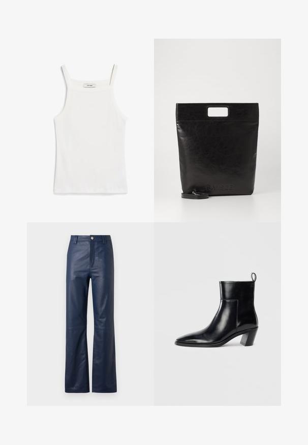 Débardeur blanc à fines bretelles, en tissu de coton côtelé, avec un décolleté droit et une finition soignée à l'ourlet.; Pantalons en cuir bleu marine avec une coupe droite, dotés d'une fermeture éclair à l'avant, d'un bouton de fermeture et d'une texture lisse.; Bottine en cuir noir avec un bout pointu, un talon empilé géométrique et une languette à l'arrière. Texture lisse et design épuré.; Sac fourre-tout en cuir noir avec une poignée carrée, arborant une finition texturée et un logo en relief. Comprend une bandoulière amovible.