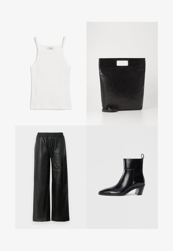Débardeur blanc à fines bretelles, en tissu de coton côtelé, avec un décolleté droit et une finition soignée à l'ourlet.; Pantalons larges en cuir noir avec une taille élastique, affichant une texture lisse et un minimalisme au niveau des coutures.; Bottine en cuir noir avec un bout pointu, un talon empilé géométrique et une languette à l'arrière. Texture lisse et design épuré.; Sac fourre-tout en cuir noir avec une poignée carrée, arborant une finition texturée et un logo en relief. Comprend une bandoulière amovible.