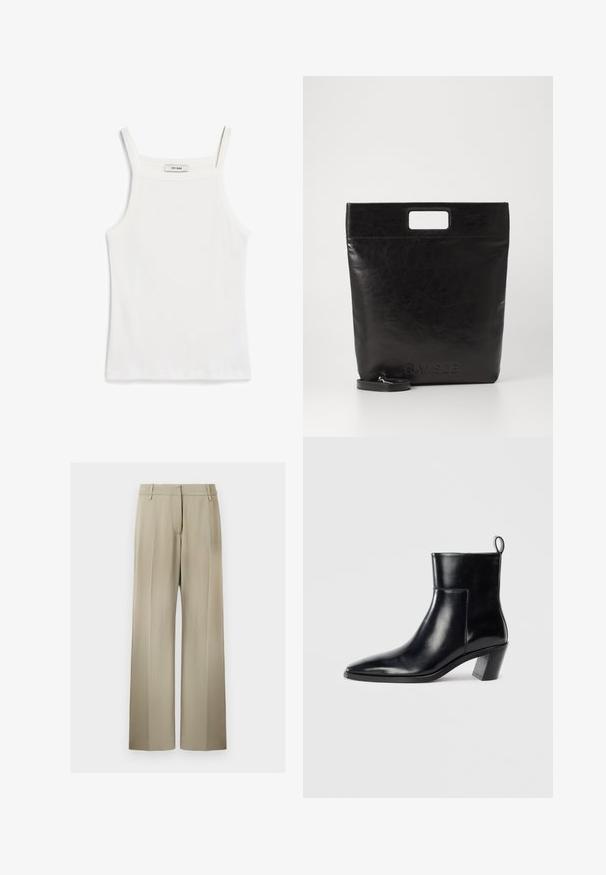 White tank top with thin straps, made of ribbed cotton fabric, featuring a straight neckline and a clean finish at the hem.; Wide-leg trousers in soft beige fabric, featuring a flat front, belt loops, and a smooth texture. Standard waistband with no visible patterns.; Black leather ankle boot with a pointed toe, a geometric stacked heel, and a pull tab at the back. Smooth texture and sleek design.; Black leather tote bag with a square handle, featuring a textured finish and embossed logo. Includes a detachable strap.