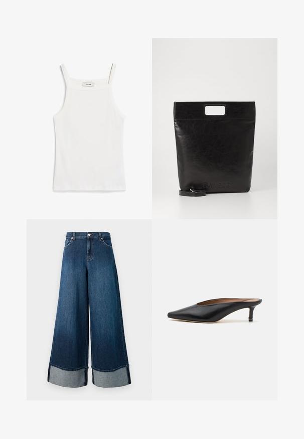 Valkoinen toppi ohuilla olkaimilla, valmistettu ribbitetusta puuvillakankaasta, jossa on suora pääntie ja siisti viimeistely helmassa.; Hulluhousut tummassa pesussa, joissa on haalistunut viimeistely. Ominaisuuksina raaka helma ja vaaleampi farkkukaitale. Mukana etulaukut ja napitus.; Musta nahkakengät, joissa on terävä kärki ja matala, lohkareena korko. Sileä pinta ja tyylikäs muotoilu. Avoin takapuoli, jossa on minimaalista yksityiskohtaisuutta.; Musta nahkainen kassi neliskulmaisella kahvalla, jossa on teksturoitu pinta ja kohokuvioitu logo. Mukana irrotettava olkahihna.