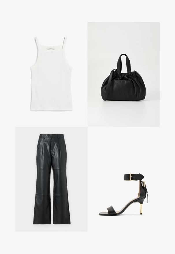 Balta topiņš ar plānām siksniņām, izgatavots no ribota kokvilnas auduma, ar taisnu dekoltē un gludu apdari ap malām.; JOOP! LORENA - Ādas bikses - black; Melnas ādas augstpapēžu sandales ar kvadrātveida pirkstiem, potītes siksniņa ar zelta sprādzi un šauru metāla papēdi. Gluda tekstūra, minimāla dizaina.; Melnas ādas rokassomu ar savākta augšdaļa dizainu, kas aprīkota ar divām īsām rokturiem un garu regulējamu siksnu. Gluda tekstūra, noapaļota forma.