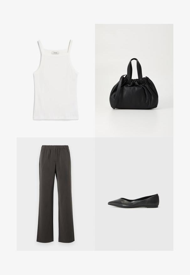 Biały top na ramiączkach z cienkimi paskami, wykonany z prążkowanej bawełny, z prostym dekoltem i starannie wykończonym dołem.; Ciemnoszare, szerokie spodnie z elastyczną talią. Gładka tekstura i dopasowany krój. Bez widocznych kieszeni i ozdób.; Czarne skórzane baletki z ostrym noskiem, niskim obcasem i gładką fakturą. Minimalistyczny design z subtelnym akcentem po boku.; Czarna skórzana torebka z zebranym wykończeniem, z dwoma krótkimi uchwytami i długim regulowanym paskiem. Gładka tekstura, zaokrąglony kształt.