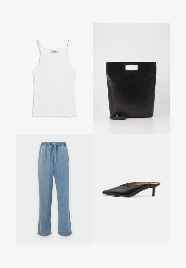 White tank top with thin straps, made of ribbed cotton fabric, featuring a straight neckline and a clean finish at the hem.; Light blue denim pants with an elastic waistband, drawstring, and rolled cuffs. Straight-legged design with a casual fit.; Black leather mules with a pointed toe and low, block heel. Smooth texture with a sleek design. Open back with minimal detailing.; Black leather tote bag with a square handle, featuring a textured finish and embossed logo. Includes a detachable strap.