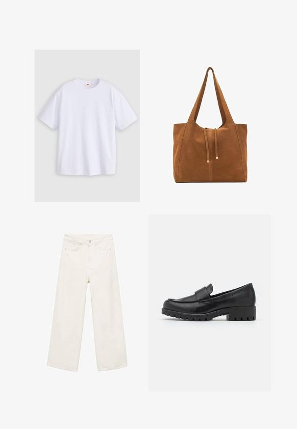 White cotton t-shirt with short sleeves, a crew neckline, and a relaxed fit. Material appears smooth with no visible patterns or graphics.; Wide-leg white denim trousers featuring a five-pocket design, metal button closure, and clean stitching detailing.; Black leather loafers featuring a rounded toe, a stitched accent, and a chunky rubber sole with visible tread. Smooth surface.; Brown suede tote bag with two long straps, drawstring closure, and minimalistic design. Smooth texture and no visible hardware accents.