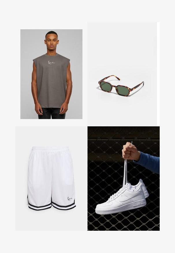 Hallitseva halli ilmaõlgadega T-särk ümmarguse kaelusega, pehmest kangast, valge allkirja logoga rinnal. Lihtne disain, mugav lõige.; Valged sportlikud lühikesed püksid, mis on valmistatud kerge kangast, musta triibulise äärisega ja esiosas vasakul alajoonel allkirja logoga.; Valged nahast tennisetossud, millel on perforatsioonid, ümar nina, lame tallus ja paksud nöörid, nähtava swooshi logoga ja "AIR" kontsadel.; Kilpkonnakuju prillid roheliste läätsega, millel on kaheksanurkne kuju ja kitsad, kaarduvad varred. Materjalil on läikiv viimistlus.